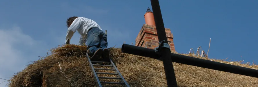 Nick Mackay working on a long straw roof by the chimney