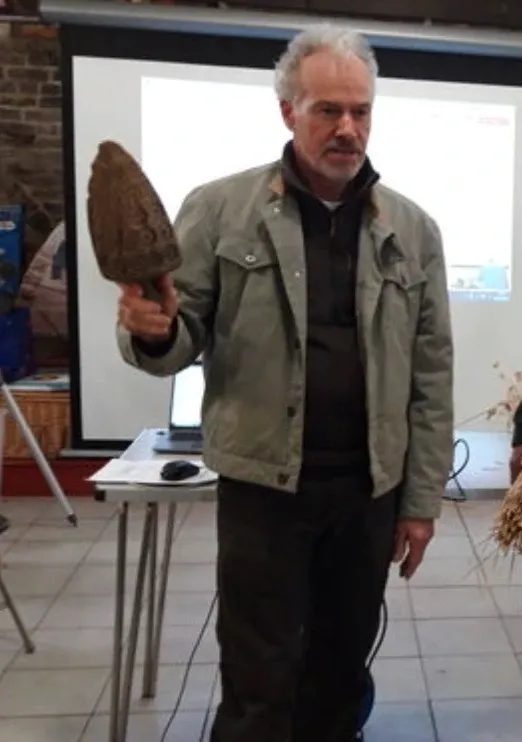 Nick Mackay presenting thatching tools at the Great Fen reed workshop, March 2024