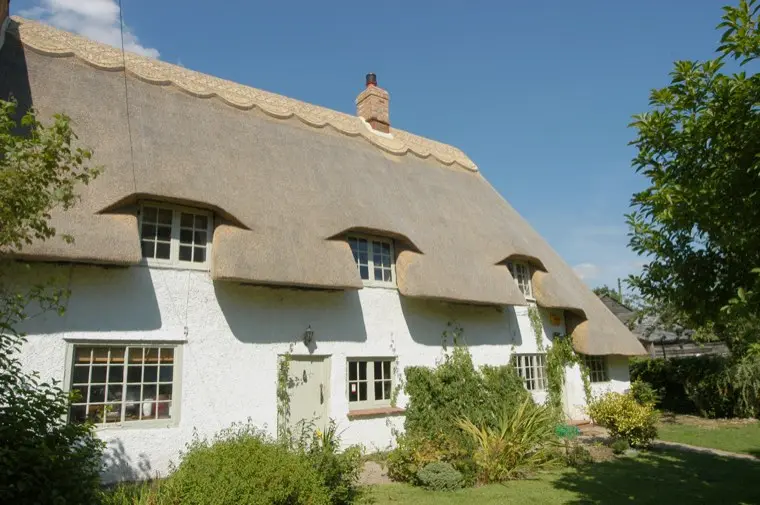 White cottage with eyebrow dormers
