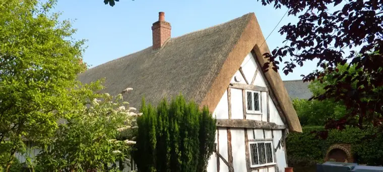 Timber-framed house behind hedging