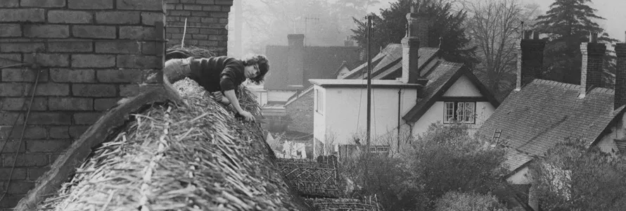 Apprentice Nick Mackay, aged 16, on a roof at Trentham, Stoke-on-Trent, 1974